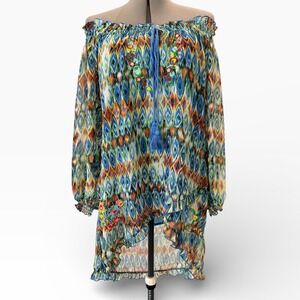 Urban Mangoz Blue Ikat Floral Embroidered Off Shoulder High Low Tunic Large XL